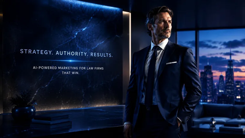Attorney beside a cinematic brand display reading Strategy, Authority, Results